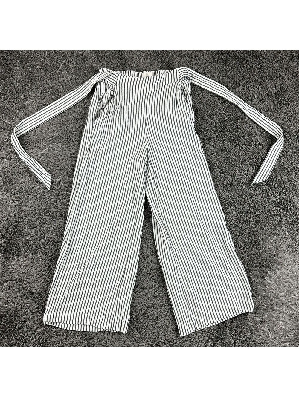 Aritzia Wilfred Faun Pants Womens Striped Wide Leg Cropped Tie Waist Sz XS